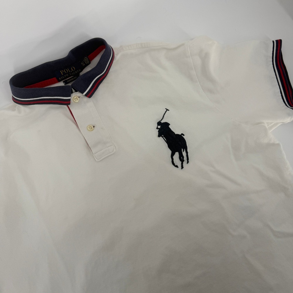 Polo Ralph Lauren Mens XL Custom Fit Big Pony Polo Shirt White Navy Red Vintage